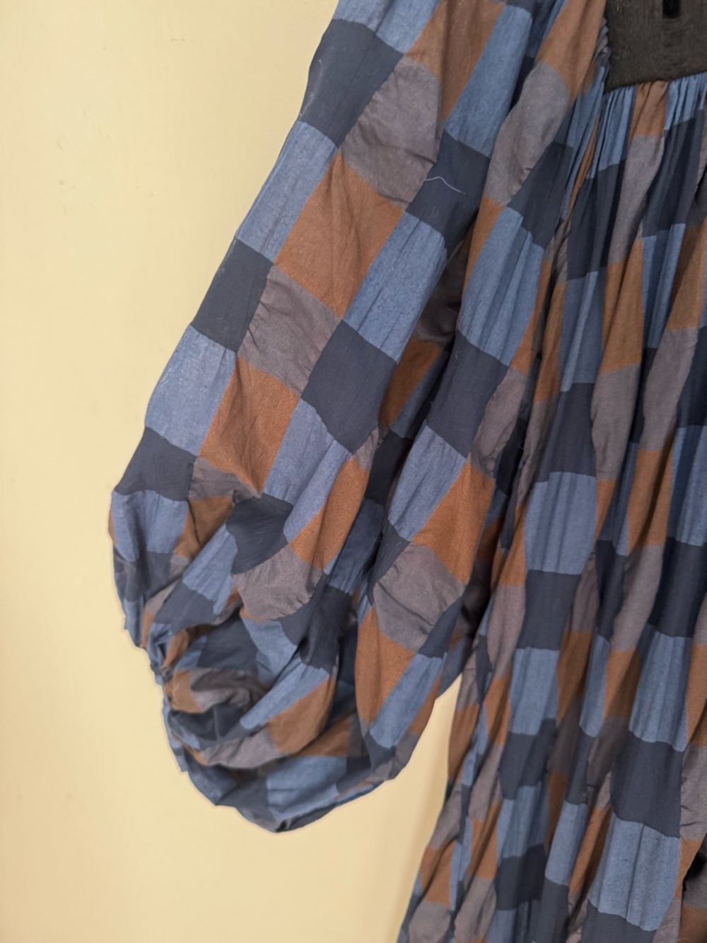 LOVE BINETTI Balloon Sleeve Blue and Brown Checkered Babydoll Dress Cotton M - Picture 4 of 16